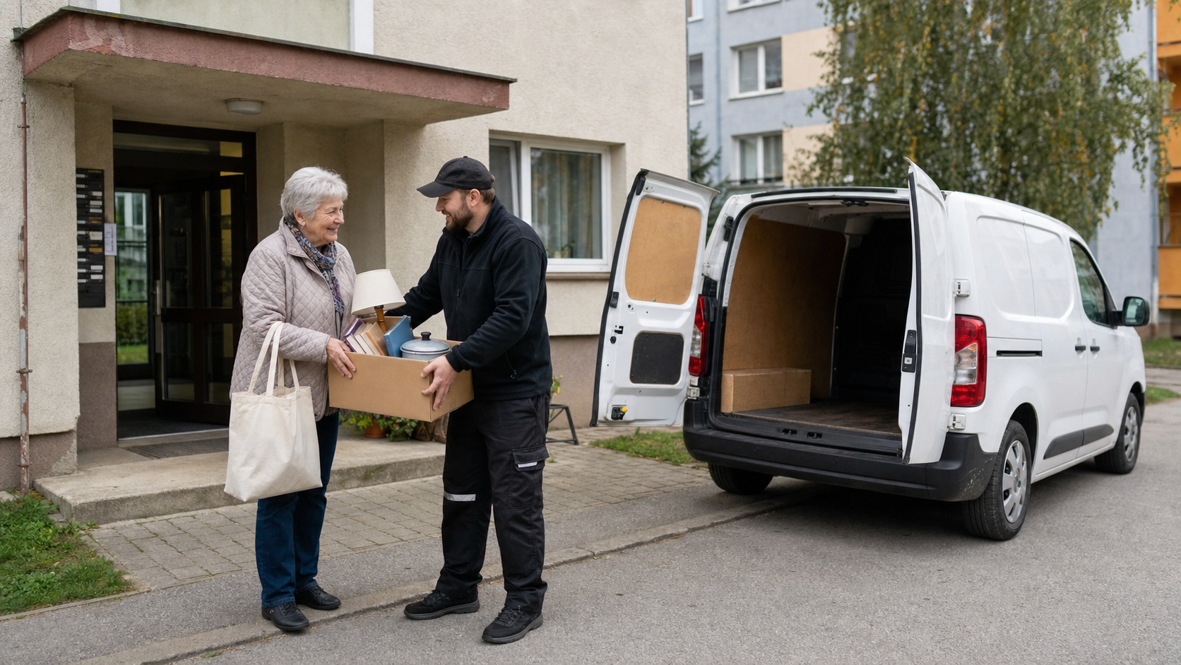 Pracovník pomáha seniorke dopraviť primerané množstvo použitých vecí na komunitnú burzu